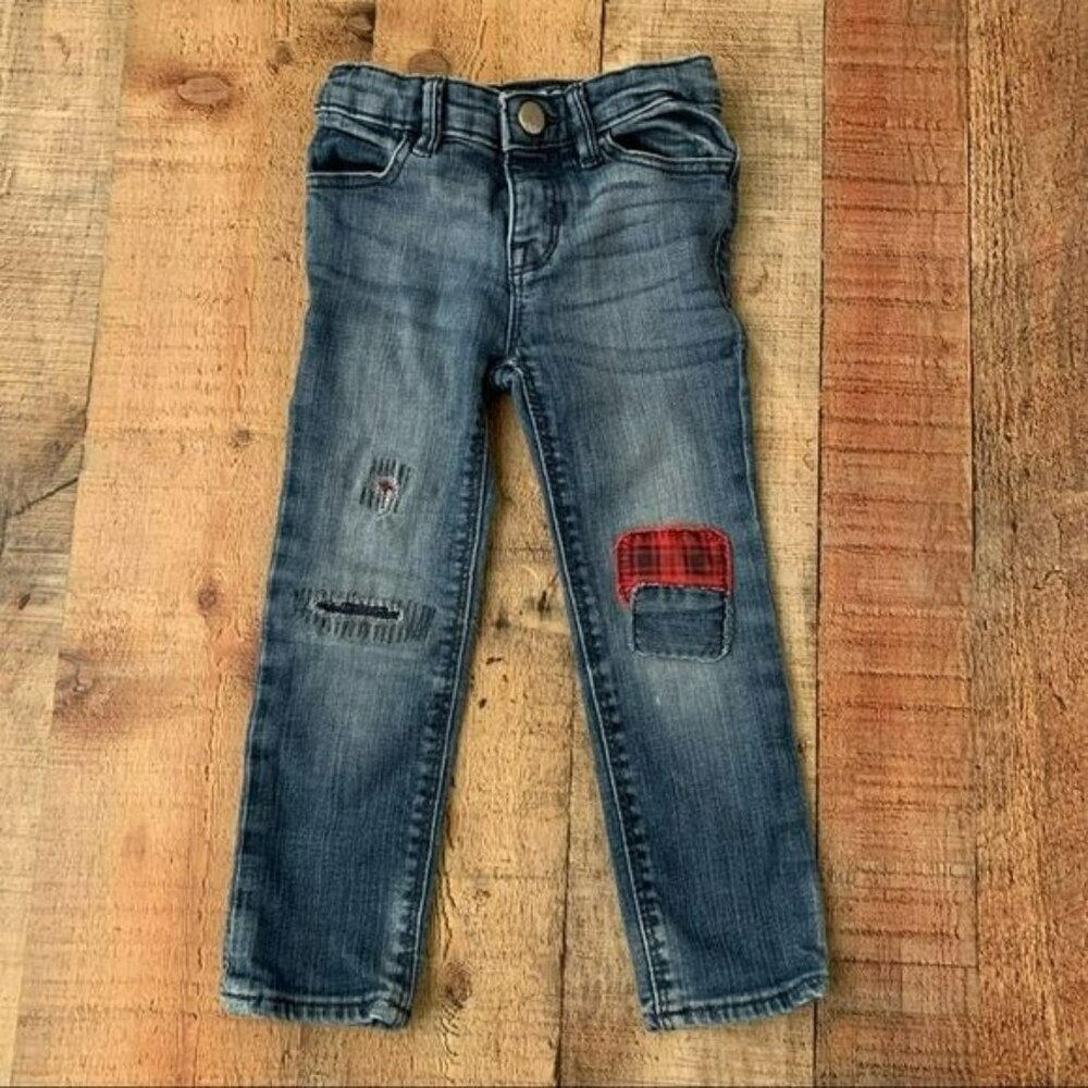 Baby girl gap fall red and black Buffalo plaid patch mini skinny jeans